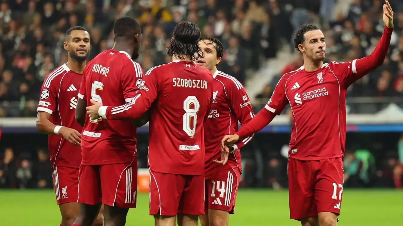 Cody Gakpo, Federico Chiesa, Ibrahima Konate, Dominic Szoboszlai and Curtis Jones celebrate a Liverpool goal Cody Gakpo, Federico Chiesa, Ibrahima Konate, Dominic Szoboszlai and Curtis Jones celebrate a Liverpool goal
