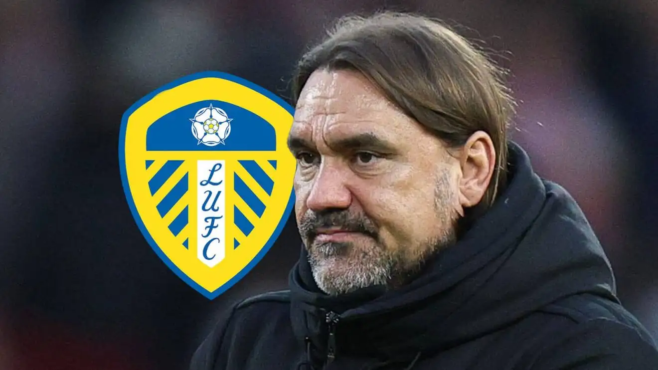 Daniel Farke is facing sack questions at Leeds United Leeds manager Daniel Farke next to the club crest