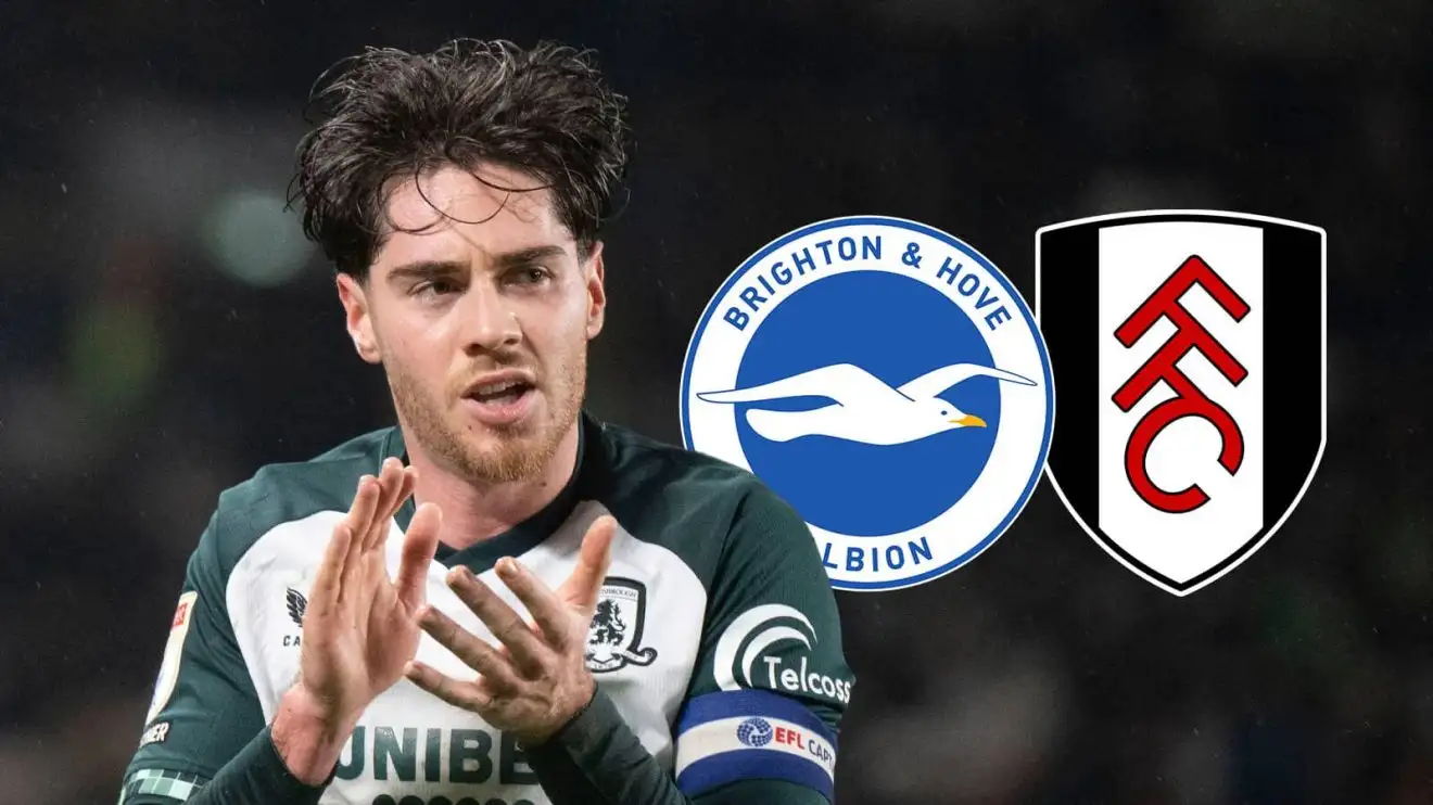 Middlesbrough star Hayden Hackney next to the badges of Brighton and Fulham