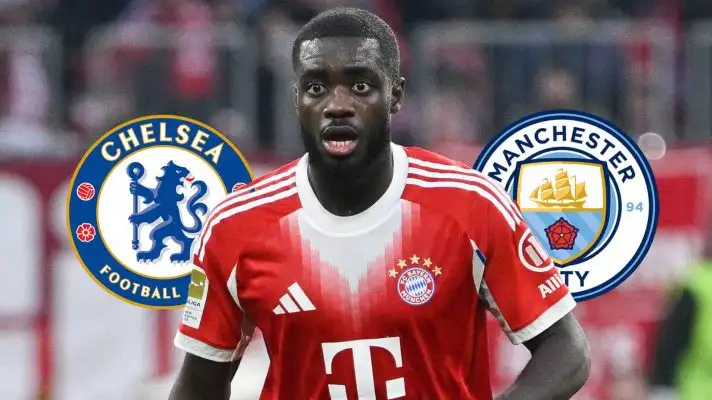 Dayot Upamecano Bayern Munich with Chelsea, Man City badges