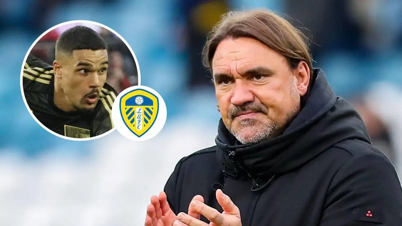 Leeds manager Daniel Farke is keen on a deal for Union Berlin defender Danilho Doekhi, inset Leeds manager Daniel Farke and Union Berlin defender Danilho Doekhi, inset, pictured next to the Leeds United badge
