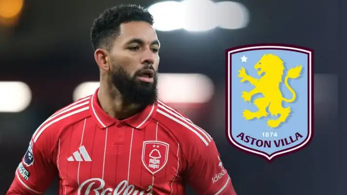 Douglas Luiz Nottingham Forest with Aston Villa badge