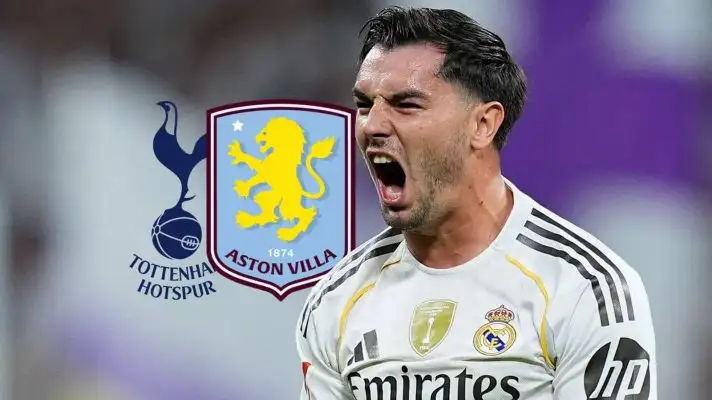 Brahim Diaz Real Madrid with Villa and Tottenham badges