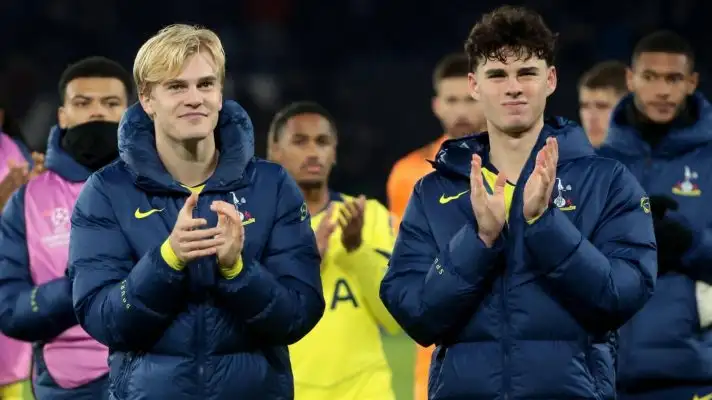 Lucas Bergvall and Archie Gray clapping after a Tottenham match