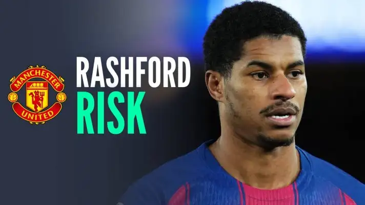 Man Utd badge, text saying Rashford risk, and an image of Marcus Rashford in Barcelona kit