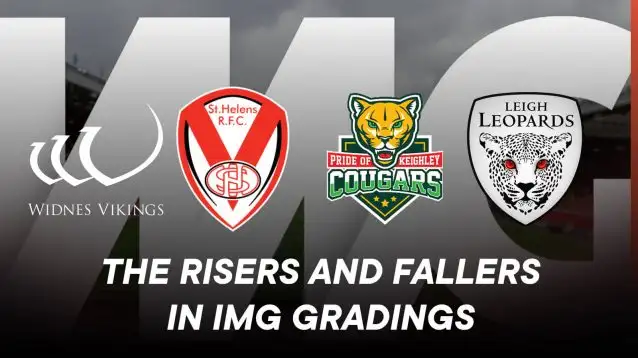 'The risers and fallers in IMG Gradings', IMG logo as background, badges of Widnes Vikings, St Helens, Keighley Cougars and Leigh Leopards