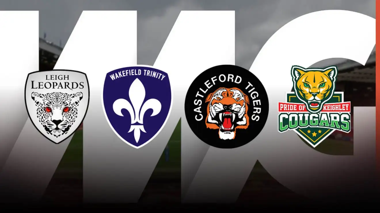 Badges of Leigh Leopards, Wakefield Trinity, Castleford Tigers and Keighley Cougars, IMG logo as background