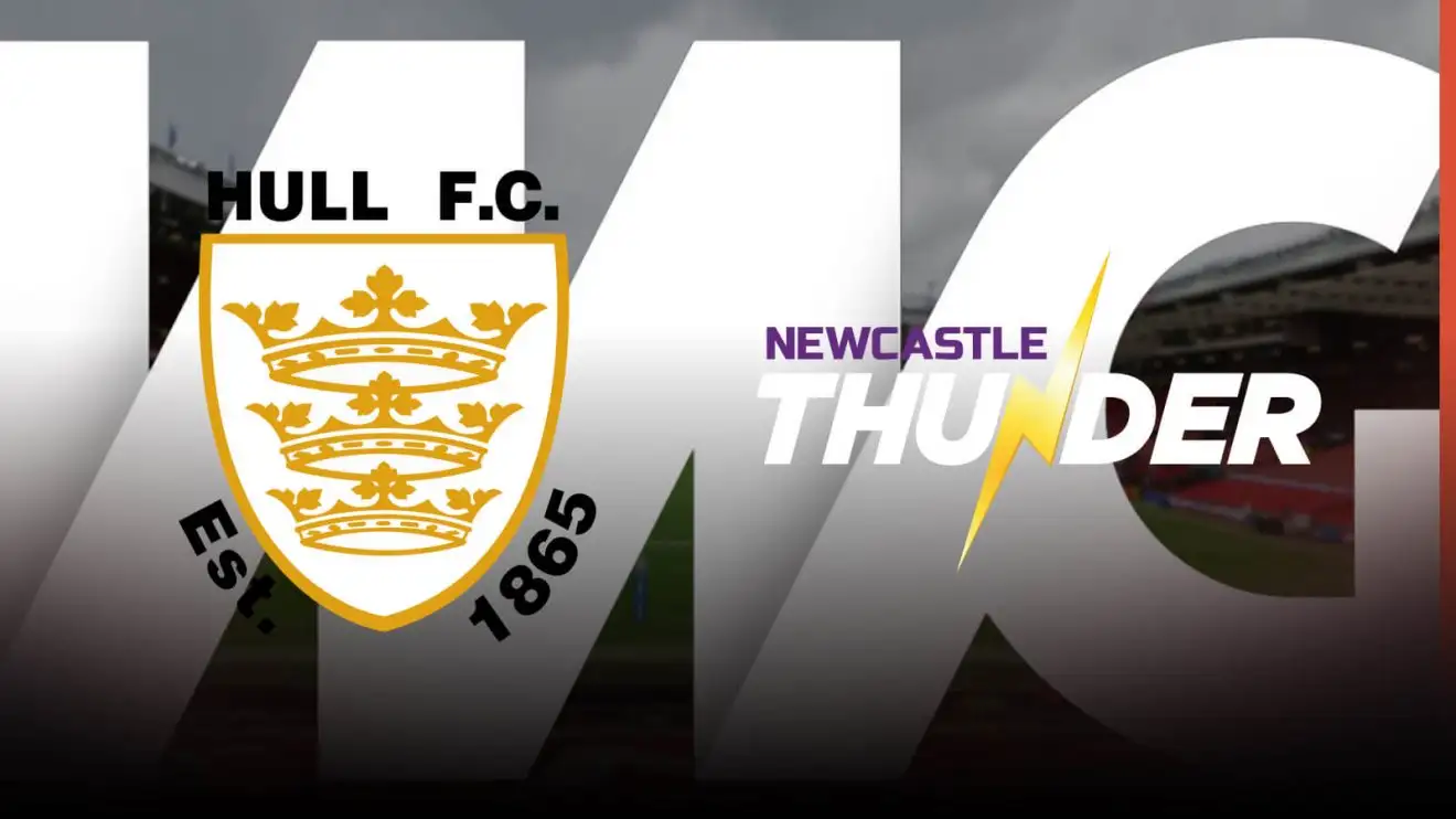 Hull FC, Newcastle Thunder badges, IMG logo as backgrounds