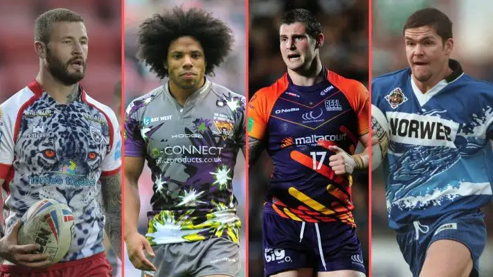 Leigh Leopards' 2023 home kit, Huddersfield Giants' 2012 away kit, Widnes Vikings' 2013 away kit, Wigan's 1997 away kit