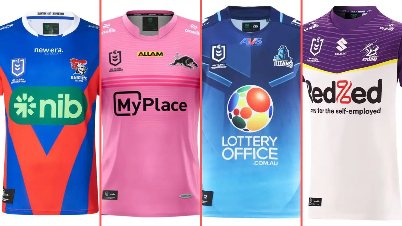 2025 shirts: Newcastle Knights (home), Penrith Panthers (away), Gold Coast Titans (home) and Melbourne Storm (away)