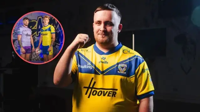 Warrington Wolves' kits for 2025, Luke Littler donning Warrington Wolves' 2025 home shirt