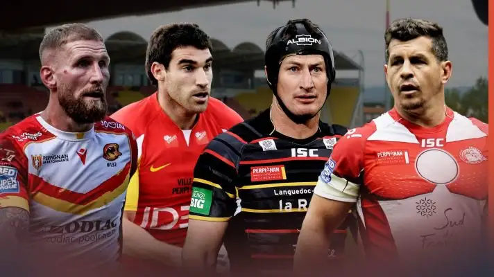 Sam Tomkins, Thomas Bosc, Steve Menzies, Greg Bird Catalans Dragons Alamy