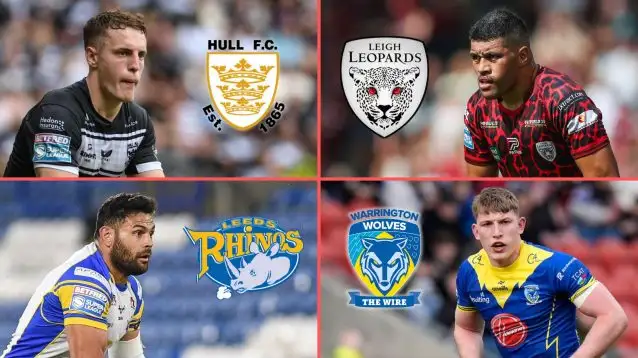 Jake Trueman, Hull FC badge, Leigh Leopards badge, John Asiata, Rhyse Martin, Leeds Rhinos badge, Warrington Wolves badge, Matty Nicholson