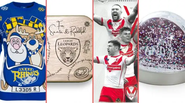 Leeds Rhinos' Christmas jumper, Leigh Leopards' Christmas Eve board, St Helens' 2025 calendar, Wigan Warriors' snow globe