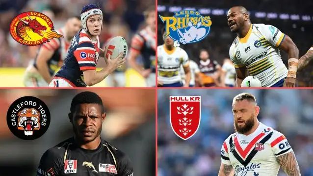 Catalans Dragons badge, Luke Keary, Leeds Rhinos badge, Maika Sivo, Castleford Tigers badge, Judah Rimbu, Hull KR badge, Jared Waerea-Hargreaves