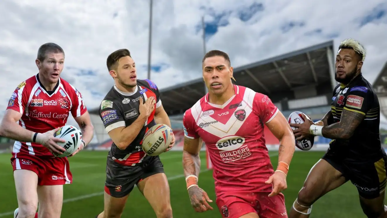 Malcolm Alker, Niall Evalds, Ken Sio, Junior Sa'u, Salford Community Stadium as background