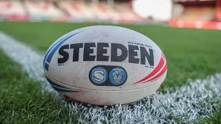 A ball, belonging to Warrington Wolves, pictured before a Super League game