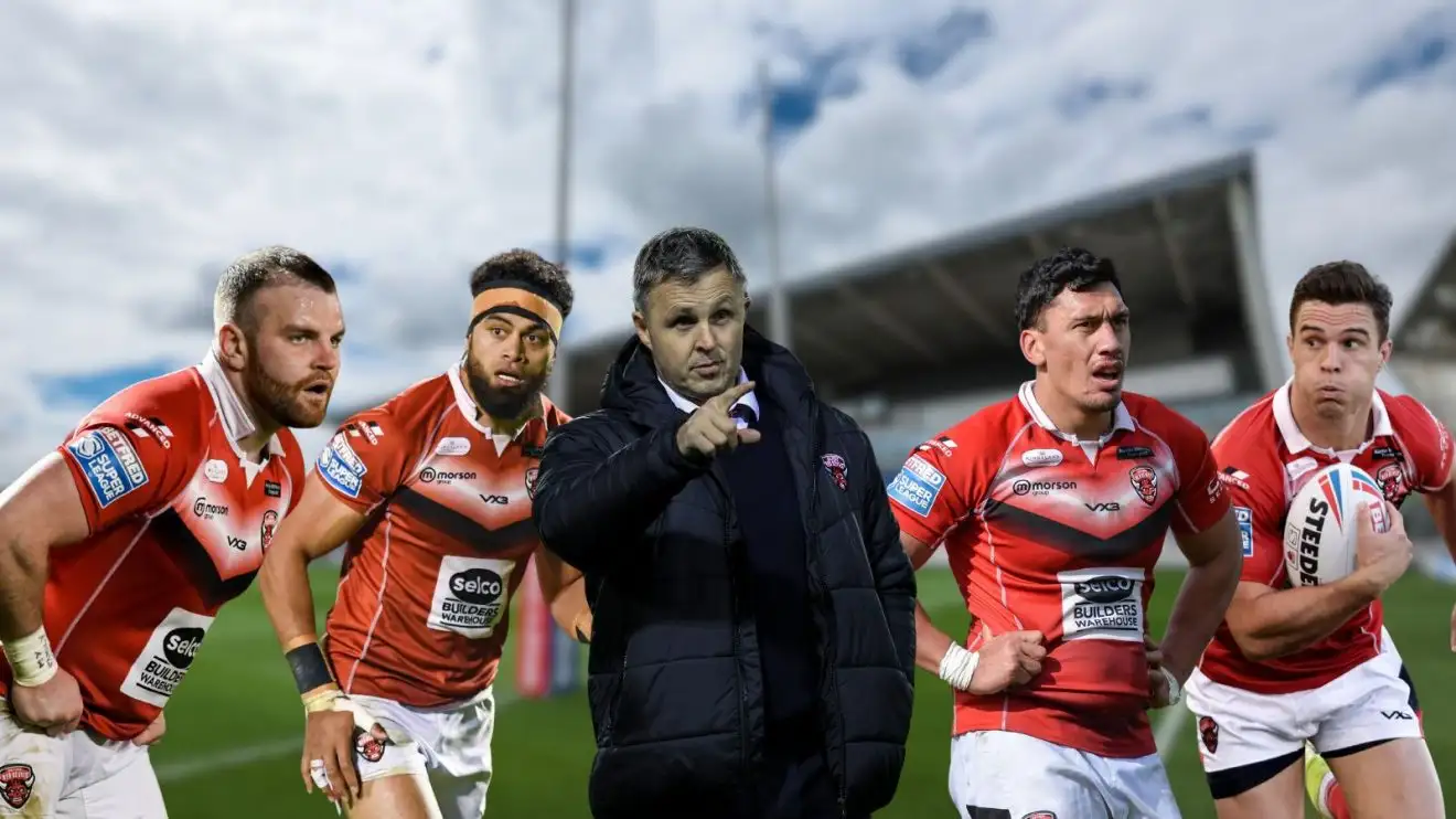 Greg Burke, Sitaleki Akauola, Paul Rowley, Elijah Taylor, Brodie Croft, Salford Community Stadium as background