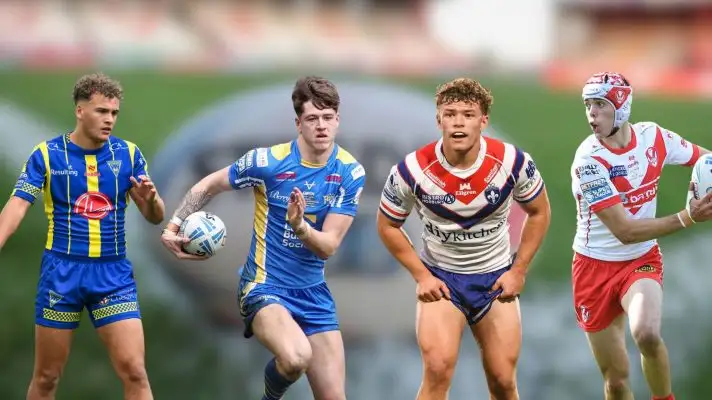 Cai Taylor-Wray, Riley Lumb, Harvey Smith, George Whitby, Super League ball as background