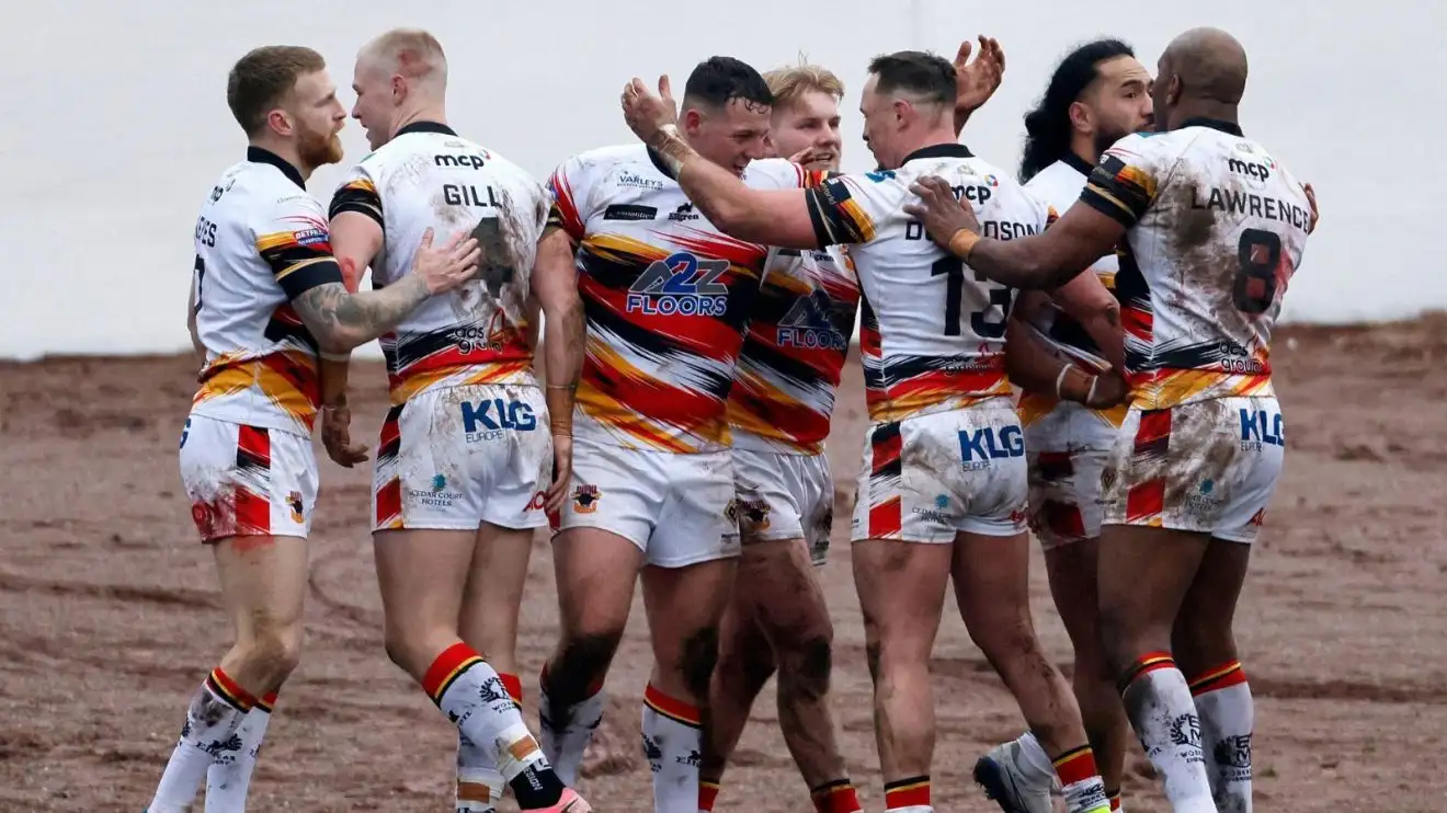 Bradford Bulls players celebrating a try against Castleford Tigers in the Challenge Cup