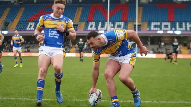 Leeds Rhinos fullback Jake Connor scoring on his official debut against West Warriors in the 2025 Challenge Cup