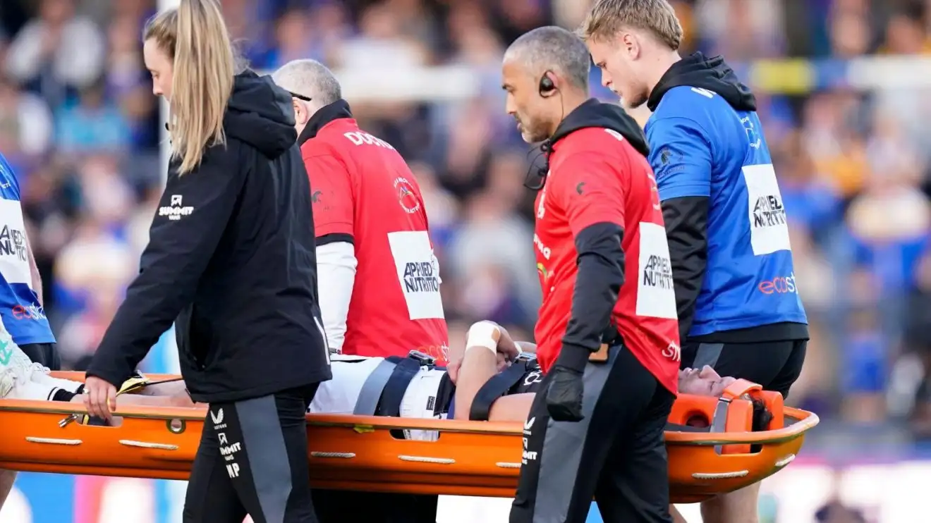 Hull FC back Jordan Rapana being taken off by a stretcher against Leeds Rhinos