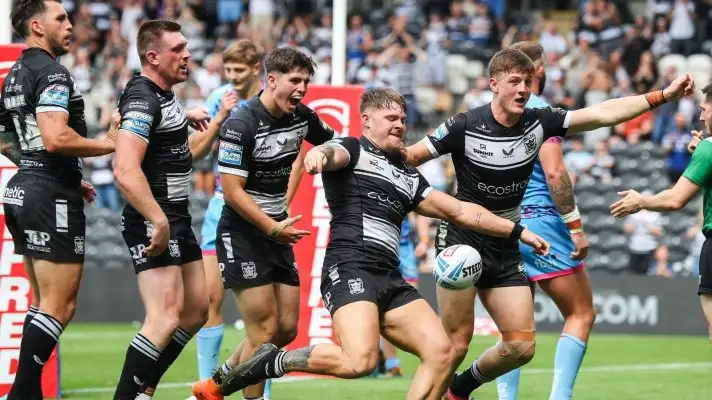 Hull FC hooker Denive Balmforth celebrates scoring a try