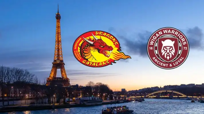 Eiffel Tower as background, Catalans Dragons badge, Wigan Warriors badge