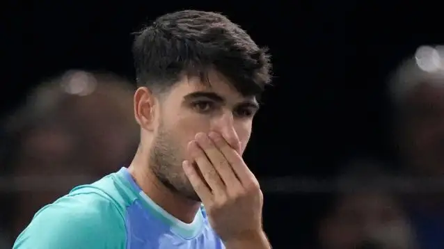Carlos Alcaraz reacts during his match at the Paris Masters