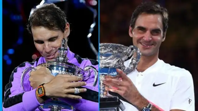 Rafael Nadal at the 2019 US Open, Roger Federer at the 2018 Australian Open.
