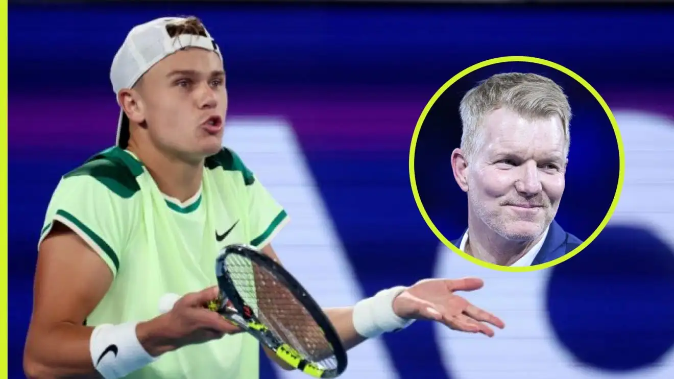 Pictured: Holger Rune, with Jim Courier inset.