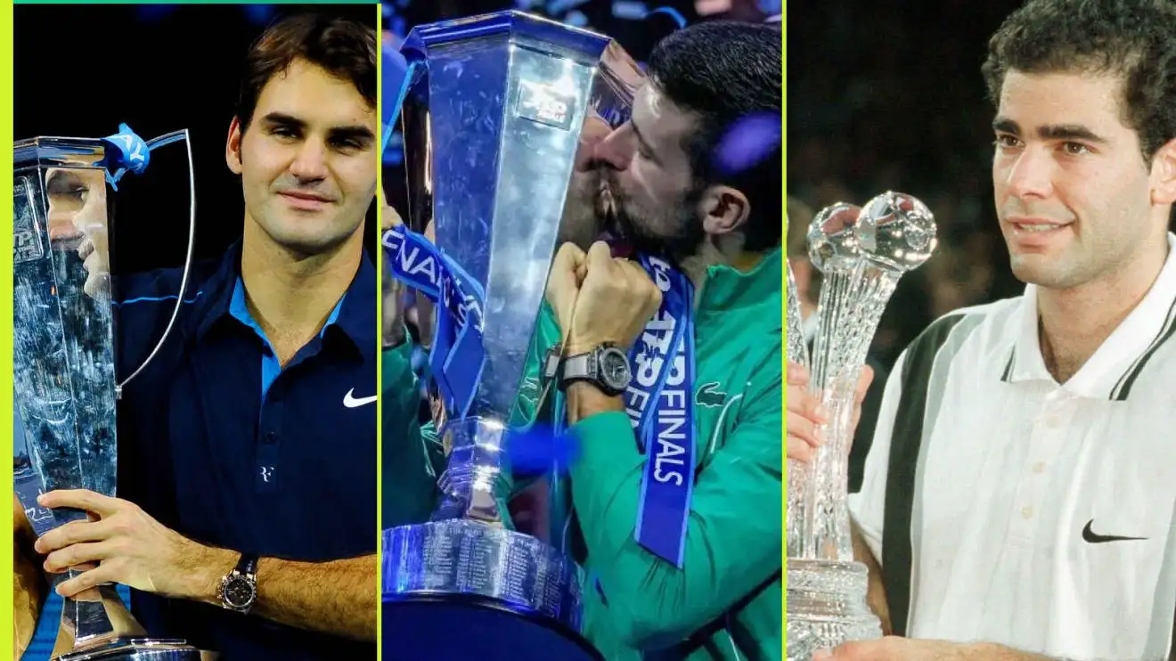 From left to right: ATP Finals winners: Roger Federer, Novak Djokovic and Pete Sampras