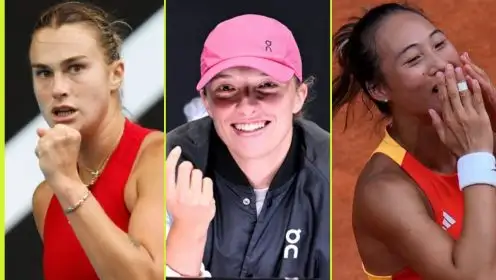 L-R: Aryna Sabalenka, Iga Swiatek, and Zheng Qinwen.