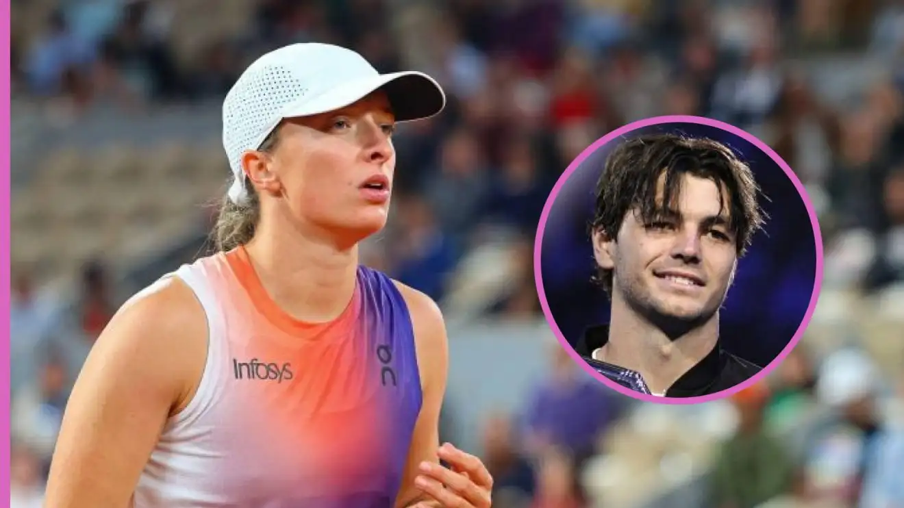 Iga Swiatek at the French Open, with Taylor Fritz inset.