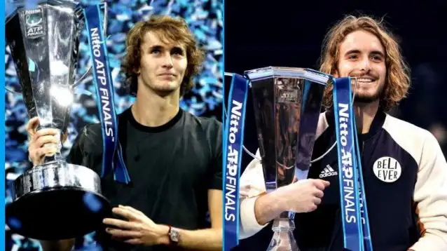 Alexander Zverev and Stefanos Tsitsipas holding the ATP Finals trophy