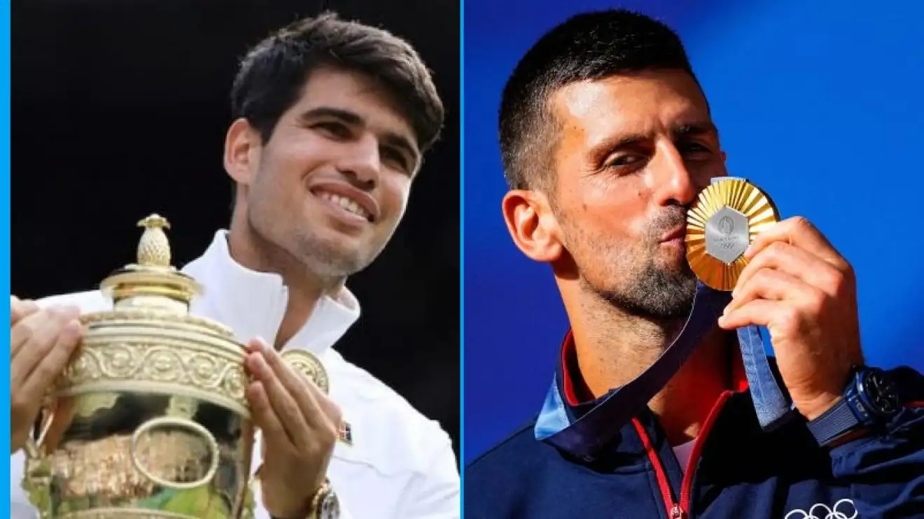 Carlos Alcaraz at Wimbledon, Novak Djokovic at Paris 2024.