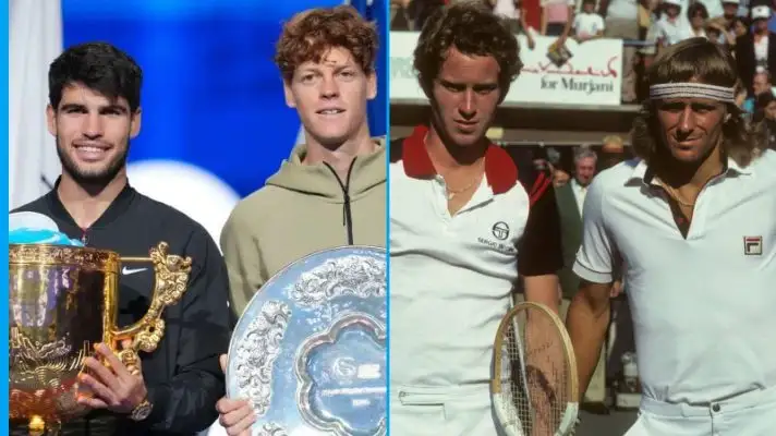 L-R: Carlos Alcaraz, Jannik Sinner, John McEnroe, Bjorn Borg