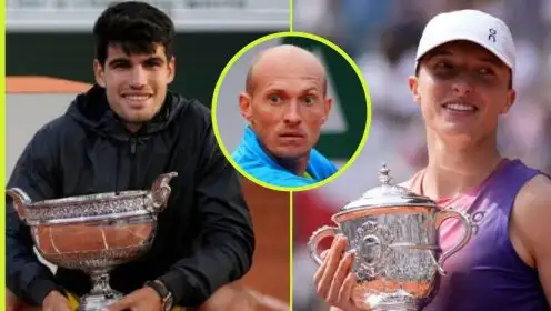 Carlos Alcaraz and Iga Swiatek after winning the 2024 French Open, Nikolay Davydenko inset.