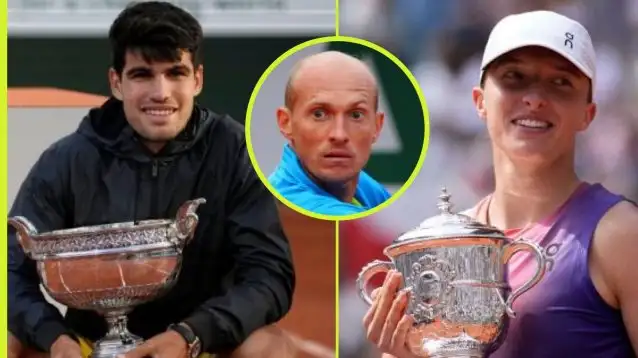 Carlos Alcaraz and Iga Swiatek after winning the 2024 French Open, Nikolay Davydenko inset.