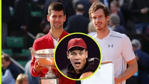 Novak Djokovic and Andy Murray at the 2016 French Open final, with Tomas Berdych inset.