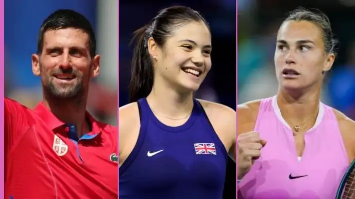 L-R: Novak Djokovic, Emma Raducanu, Aryna Sabalenka.