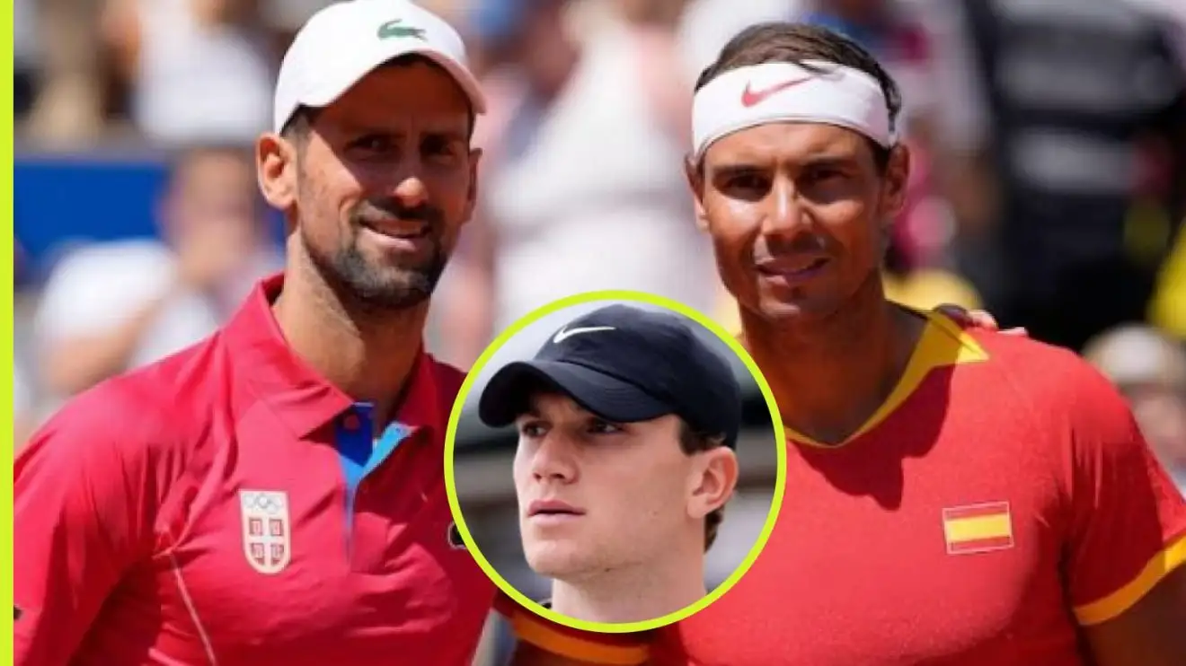 Noavk Djokovic and Rafael Nadal at Paris 2024, Jack Draper inset.