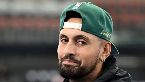 Pictured: Nick Kyrgios talks to the media.