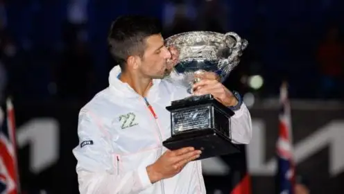 Pictured: Novak Djokovic celebrates at the 2023 Australian Open.