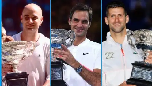 L-R: Andre Agassi, Roger Federer, and Novak Djokovic at the Australian Open.