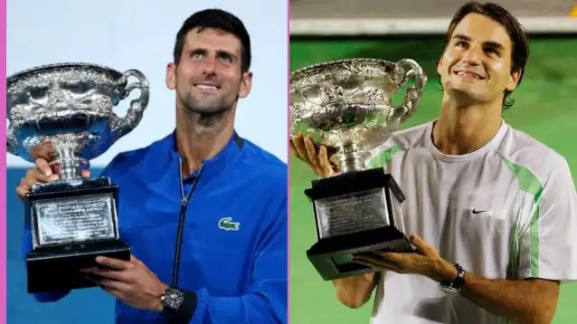 L-R: Novak Djokovic and Roger Federer at the Australian Open.