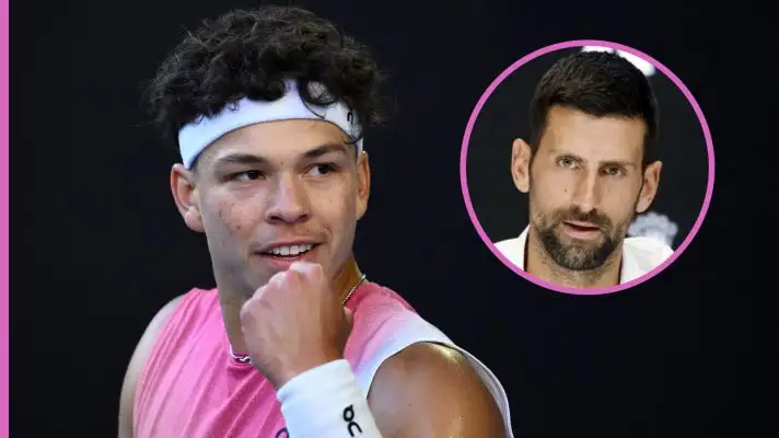 Pictured: Ben Shelton and Novak Djokovic.