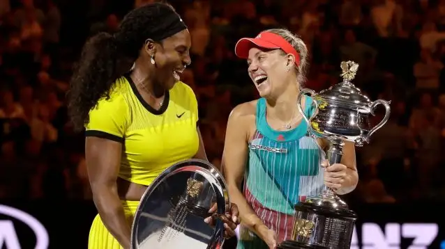 Kerber and Williams with their trophies in Melbourne