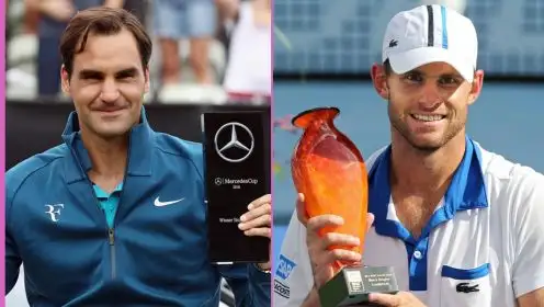 Roger Federer and Andy Roddick with ATP 250 trophies