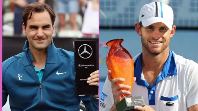 Roger Federer and Andy Roddick with ATP 250 trophies